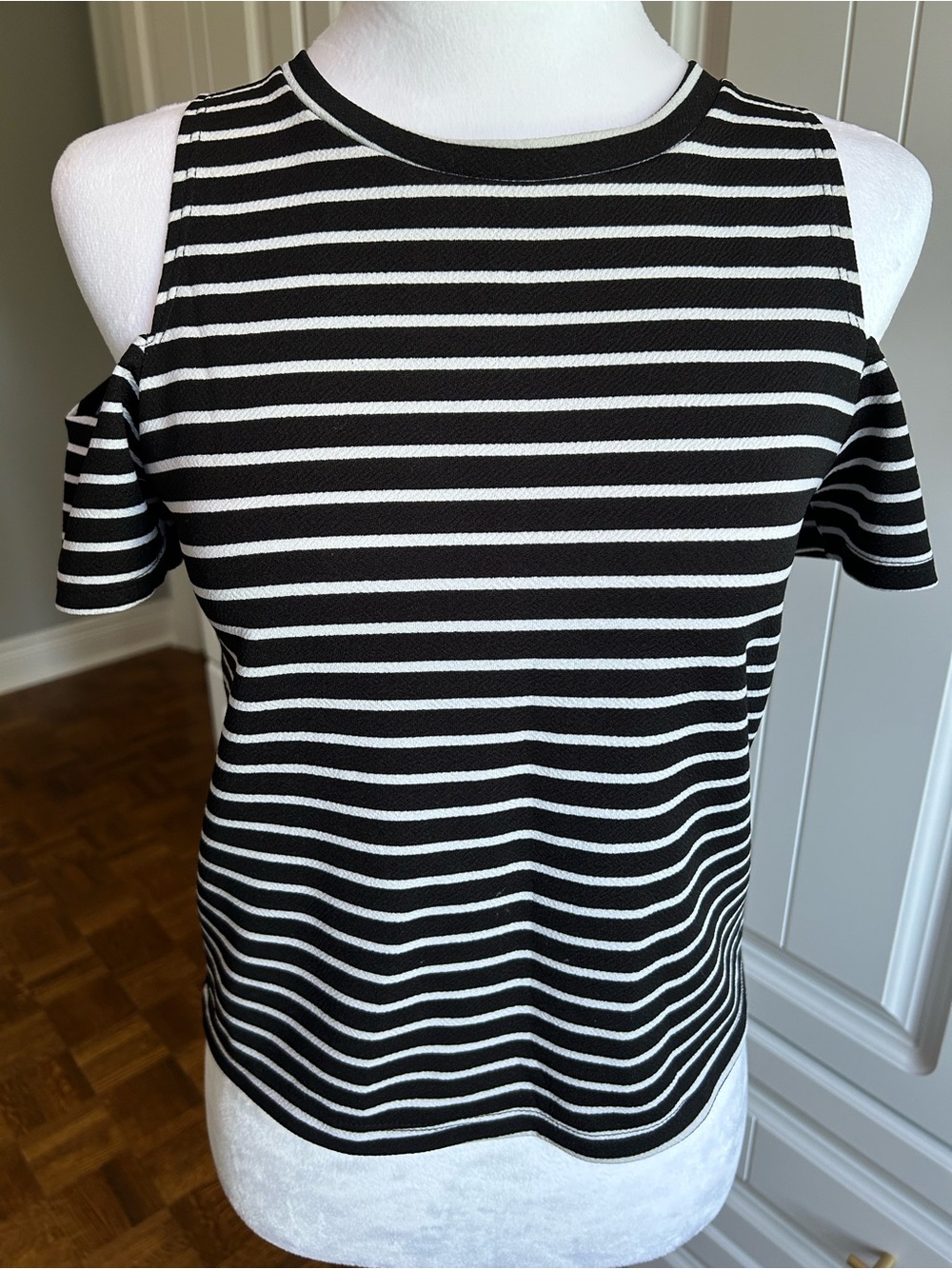 Striped Black & White Cold-Shoulder Crop Top